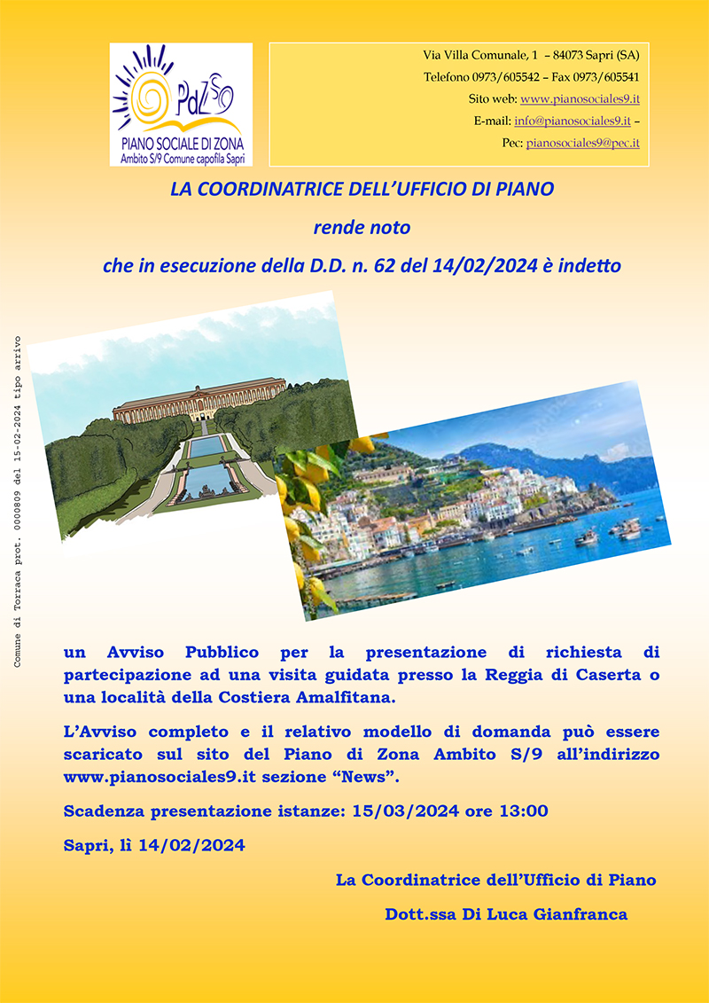 Avviso Pubblico per la presentazione di richiesta di partecipazione ad una visita guidata presso la Reggia di Caserta o una località della Costiera Amalfitana.